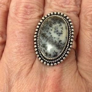 Stamped 925, large oval, dendritic agate ring. Gray w/black Inclusions Bezel set